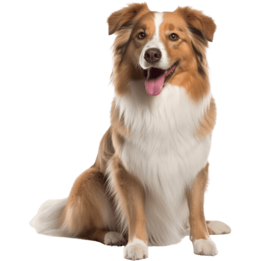 Ein glücklicher braun-weißer Border Collie mit flauschigem Fell sitzt nach vorne gerichtet. Sein Maul ist geöffnet, die Zunge hängt heraus und die Ohren sind gespitzt, was vor einem schlichten Hintergrund einen fröhlichen Ausdruck vermittelt.